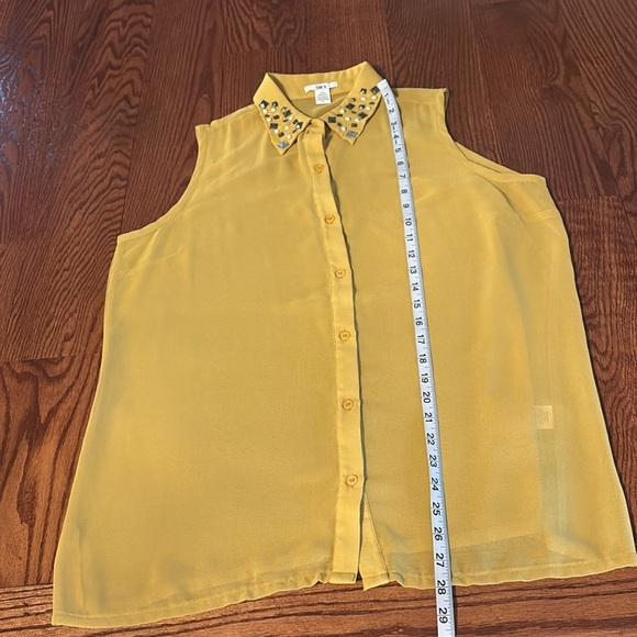 Bar III jeweled Embellished collar sheer Button Down Blouse mustard yellow Large - Picture 9 of 11
